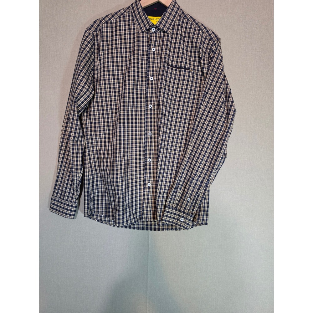 Descendant of Thieves Mens Medium Plaid Button Down Shirt Navy Yellow Long Sleve